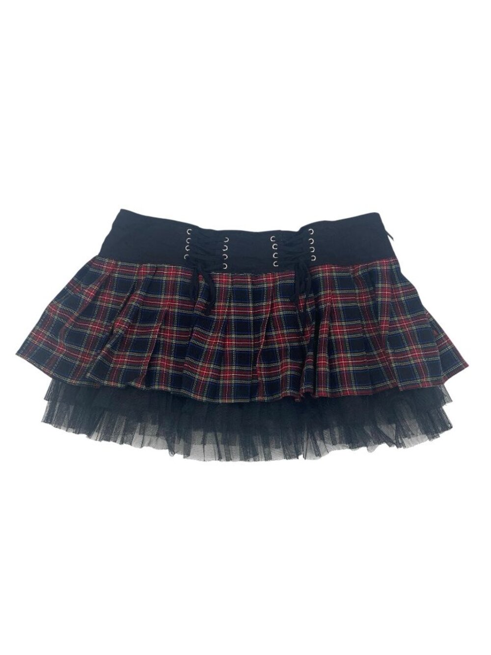 Vtg Y2K Black Red Goth Punk Plaid Pleated Mini Skirt Size XL Royal Bones Tulle